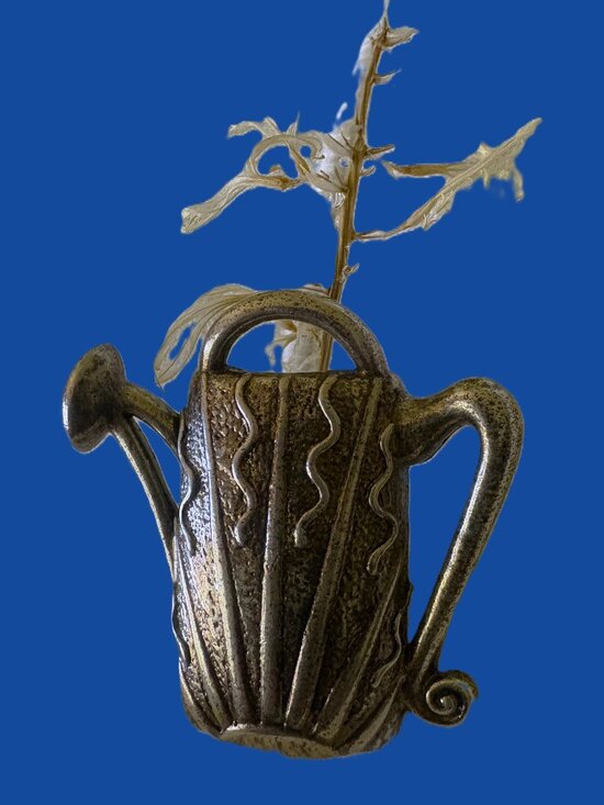 Vintage Watering Can with Dried Flowers Pressed Between  Vintage Watering Can Brooch Silver with Glass Canister for fresh flowers EUC